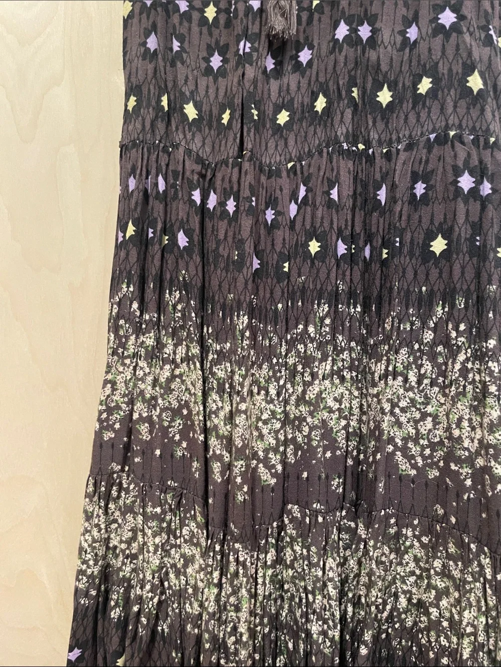 Free People Rare Feelings Brown Maxi Dress with Purple and Cream Floral Pattern